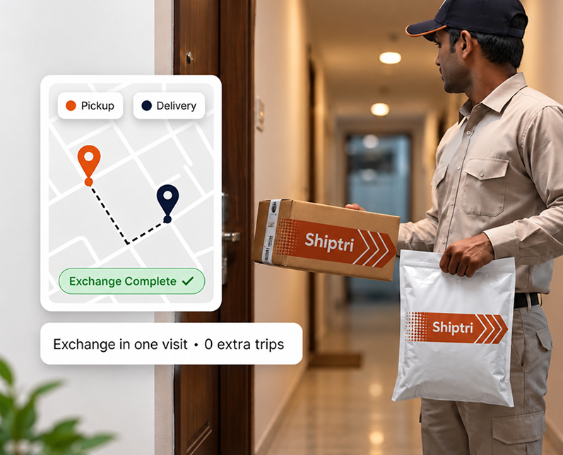 Shiptri agent completing a same-visit hand-to-hand exchange